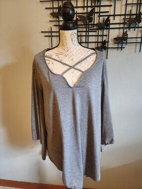 3 For $15! Unique Grey Top With Bell Sleeves And Black Lace